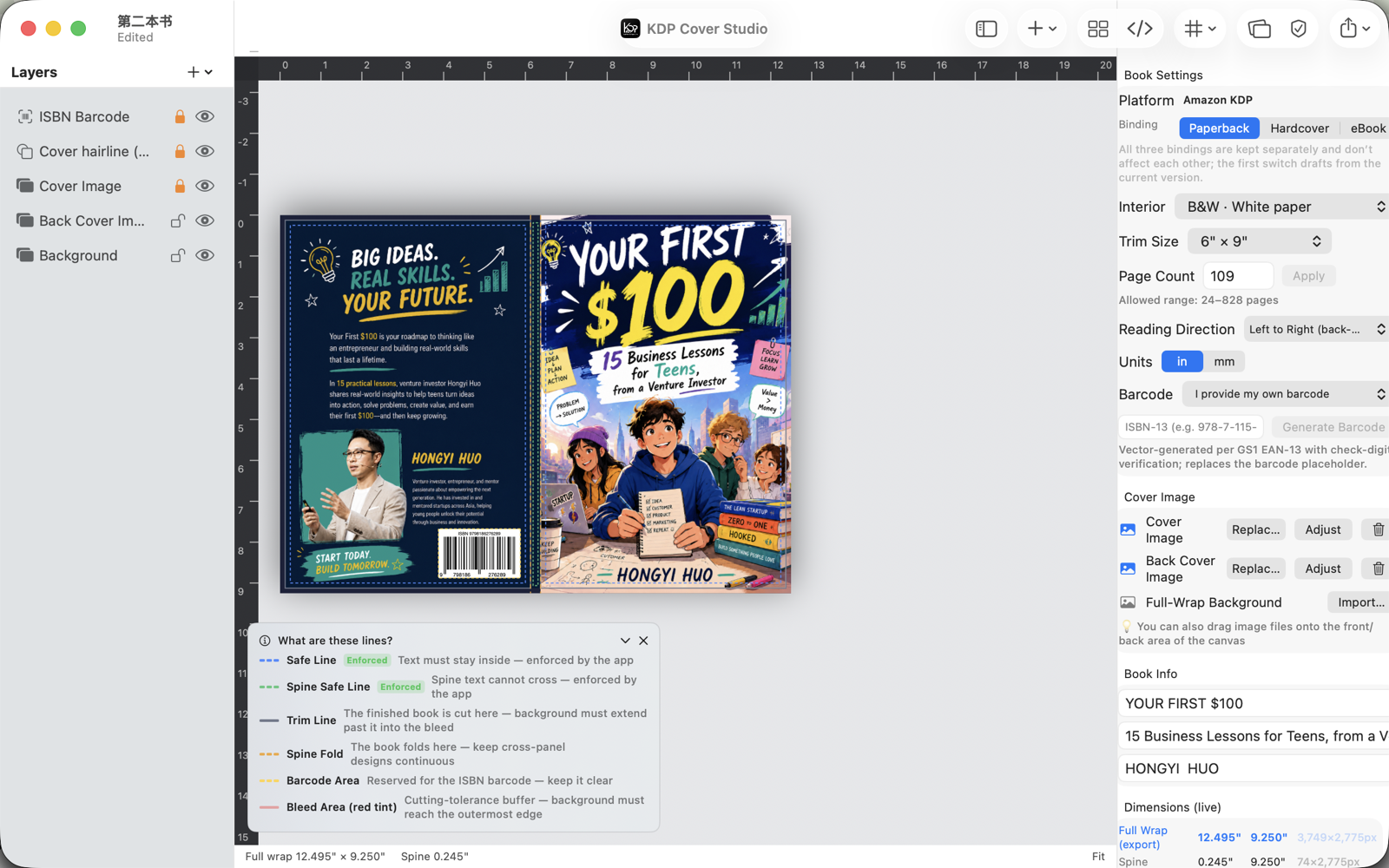 KDP Cover Studio editor showing a full‑wrap paperback cover with live guide rails and a live dimensions panel