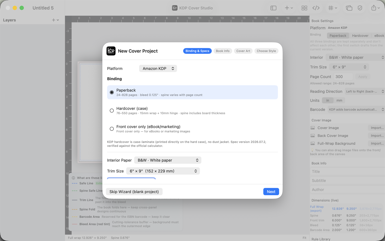 New Cover Project wizard showing binding options with official page ranges and bleed